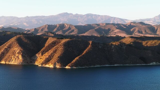 Arial view on Hill surrounded by the lake water, 4k, Nature, Landscape, California