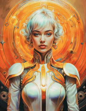 Superbe femme en combinaison spatiale, style r&eacute;tro futuriste, beaut&eacute; ,cheveux argent&eacute;s regard per&ccedil;ant, tr&ocirc;ne de forme circulaire orang&eacute; en arri&egrave;re plan, sublime
