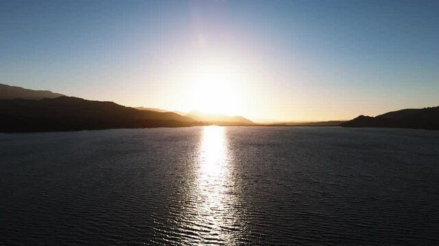 Arial view on Sunset coming behind the mountine across the lake, 4k, Nature, Landscape, California