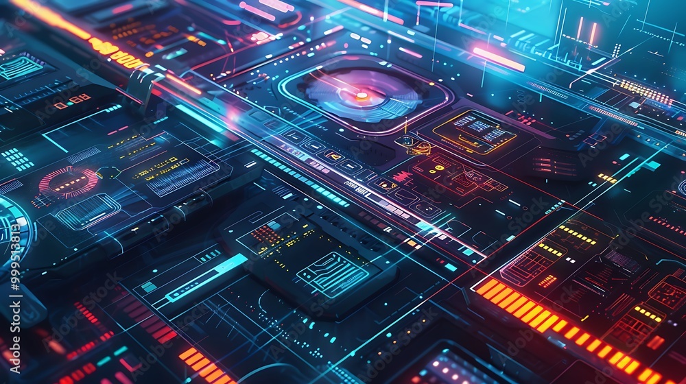 Poster futuristic abstract technology background with glowing neon lines and digital interfaces, suggesting