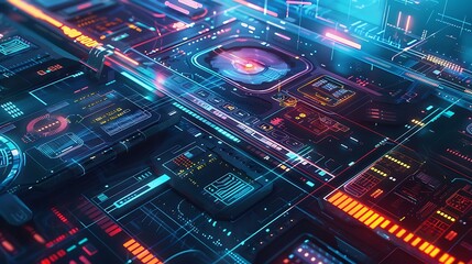 Fototapeta premium Futuristic abstract technology background with glowing neon lines and digital interfaces, suggesting a world of innovation, artificial intelligence, and advanced technology.