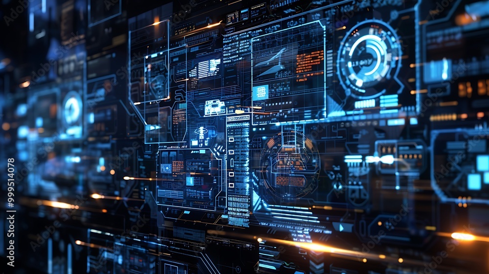 Poster futuristic abstract interface with digital data, technology, and coding elements. the image represen