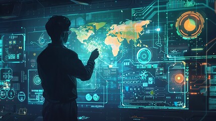 Silhouette of a man interacting with a futuristic interface displaying global data and a world map.