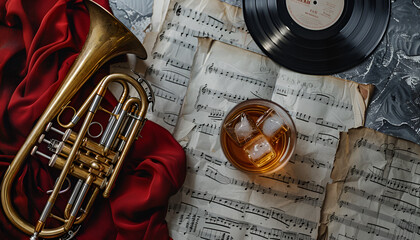 Naklejka premium top view of sheet music background with a trumpet, red dress, glass of whiskey with ice, old-style vinyl record