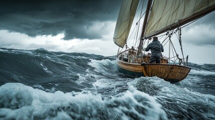 Fisherman on a Sailboat Navigating Through Rough Seas. The dark, stormy sky and choppy waves create an intense and challenging environment
