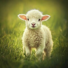 Fototapeta premium Sheep in grass field, blurred background