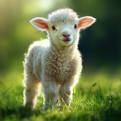 Obraz premium A sheep in a field of green grass, with grass in the foreground and blurred surroundings