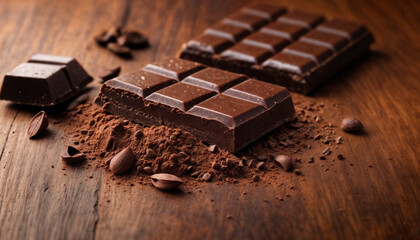 Broken dark chocolate bar and cocoa powder on a brown table