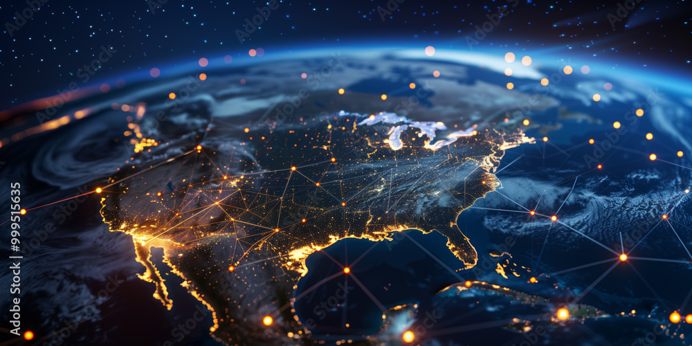 Poster internet telecommunication network. global world network connected by nodes