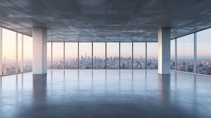 Wide empty concrete floor with cityscape view. 