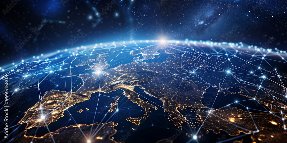 Poster internet telecommunication network. global world network connected by nodes
