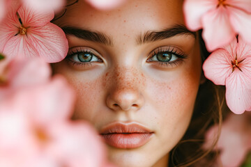 A woman with freckles and pink flowers in her hair