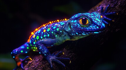 Obraz premium A close-up of a lizard on a tree branch with a colorful light illuminating its body and head