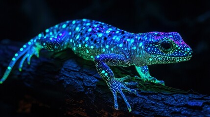   A brightly-lit gecko on a tree branch in a dark room with blue and green lights