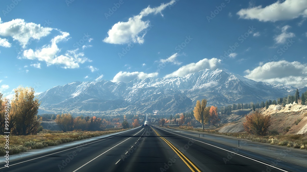 Poster Asphalt Road Leading to Snow-Capped Mountains