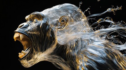 Futuristic Digital Art of a Roaring Gorilla with Metallic and Liquid Elements on a Black Background
