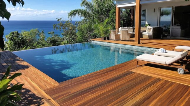 Hardwood ipe pool deck on direct sun heat summer swimming pool decking design idea