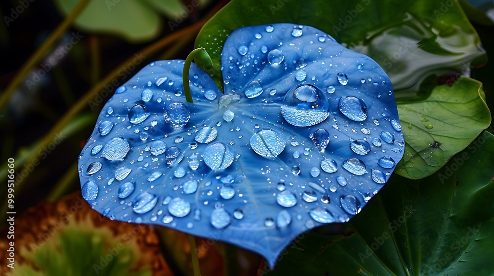 Wall mural The leaf is a lovely shade of blue and its drops are nicely curved