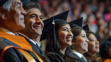 Obraz premium Group of graduates in their caps and gowns are smiling and looking ahead with excitement and hope for their future.