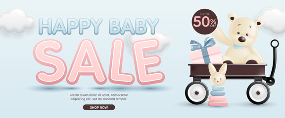 Obraz premium 3d Baby and kid clothes and toy sale discount banner with cute bear, toy and gift box in toy wagon for the online post template, sales promotion, clearance store, social media, kid shop. vector