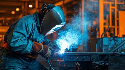 Professional Heavy Industry Welder Working Inside factory Wears Helmet and Starts Welding. Selective Focus