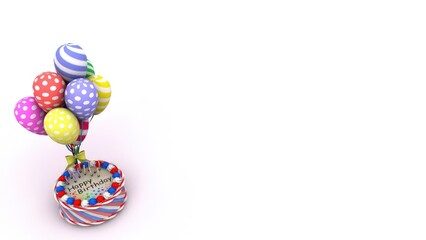 A vibrant 3D-rendered birthday cake topped with colorful polka-dotted balloons, creating a festive and playful atmosphere, ideal for birthday party decorations or celebration graphics.