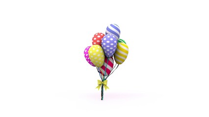 A vibrant bunch of colorful, patterned balloons tied together with a yellow ribbon, set against a white background. The festive design creates a cheerful, playful atmosphere, ideal for celebrations.