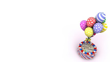 A vibrant 3D-rendered birthday cake topped with colorful polka-dotted balloons, creating a festive and playful atmosphere, ideal for birthday party decorations or celebration graphics.
