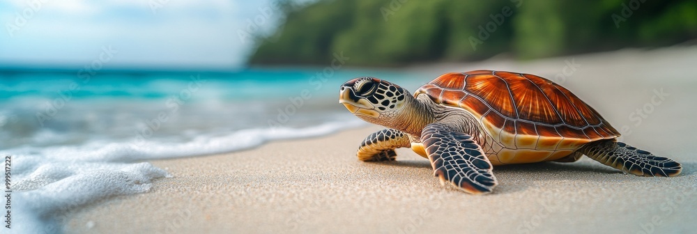 Poster turtle on sandy beach, a turtle moves across golden sand, intricate shell patterns highlighted, ocea