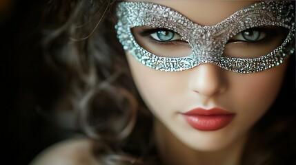   Close-up portrait of a woman with long hair, wearing a masquerade and sporting a red lipstick