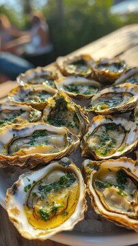 Freshly Prepared Oysters with Herb Garnish on a Plate in Outdoor Setting with Sunlight