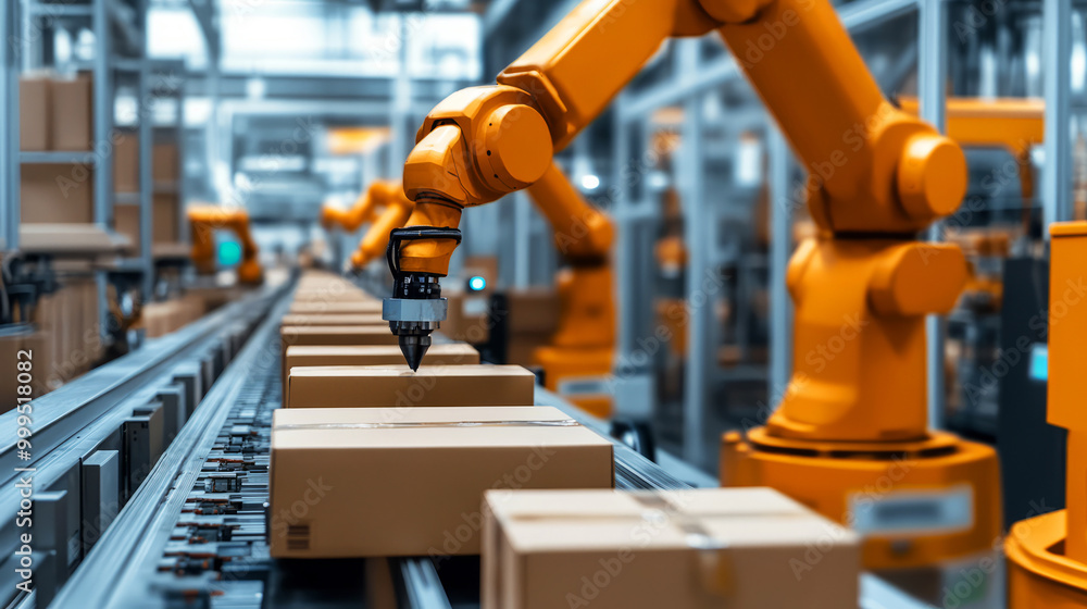 Poster a modern warehouse with robotic arms automating the packaging process, enhancing efficiency and prec