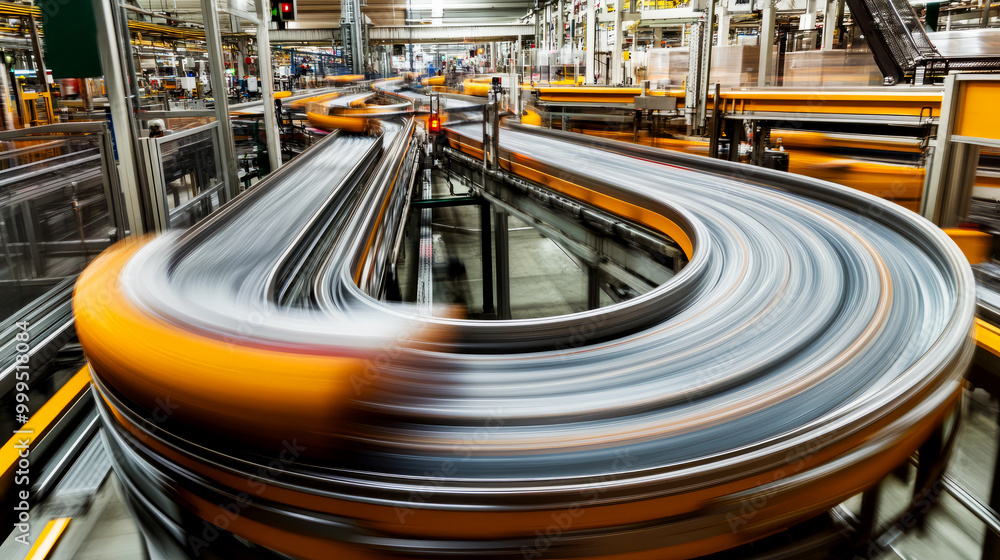 Poster a dynamic view of a conveyor system in an industrial setting, showcasing the flow of materials and p