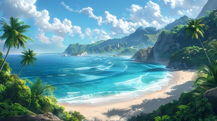 Fototapeta premium Tropical Beach Paradise with Palm Trees and Crystal Clear Water