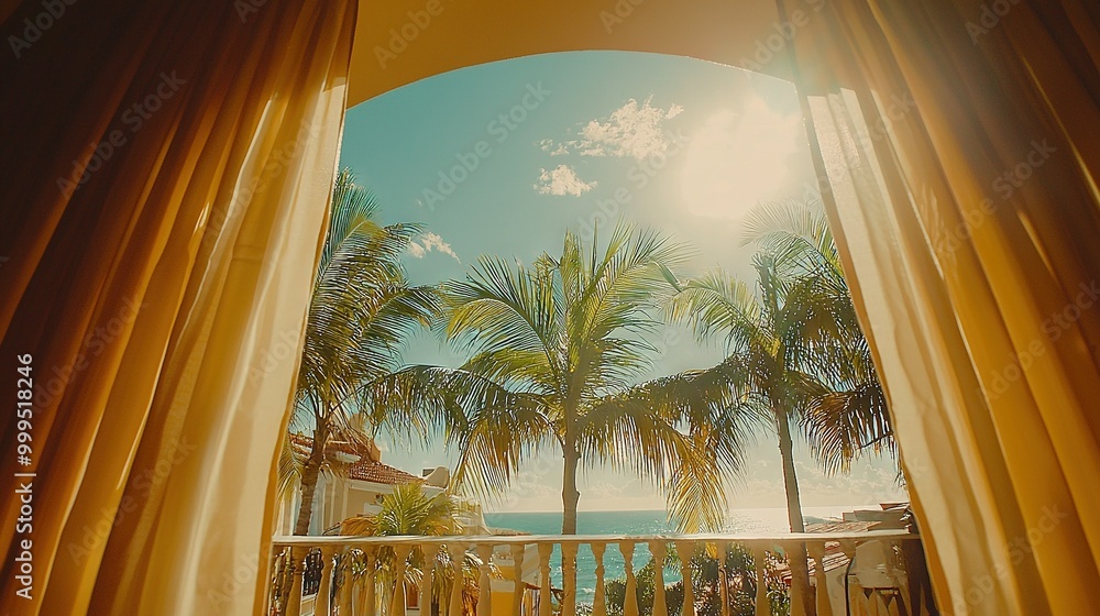 Poster a balcony offering an ocean and palm tree view from within a beach-facing room