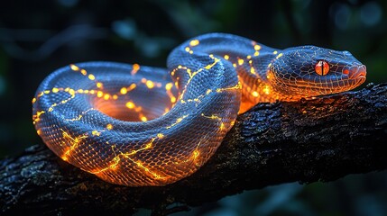 Fototapeta premium A close-up of a snake on a branch, with a glowing snake head and body
