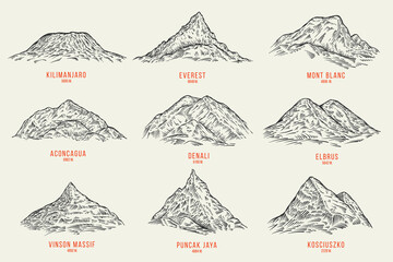 Hand drawn sketching mountain in retro vintage style. Set monochrome silhouettes rock landscape for print, branding. Vector illustration.