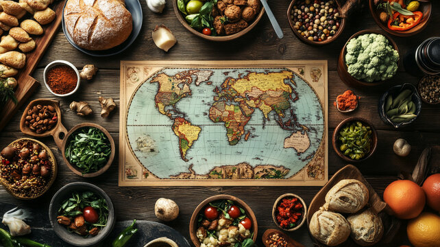 Global cuisine exploration with a vintage world map and assorted fresh ingredients on a table