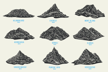 Set of mountain peaks in hand drawn monochrome style. Kilimanjaro, everest, mont blanc, aconcagua, denali, elbrus, vinson massif, puncak jaya, kosciuszko. Vector silhouettes terrain landscapes.