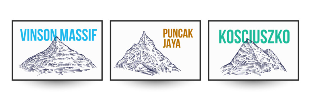 Set of mountain peaks in hand drawn monochrome style. Vinson massif, puncak jaya, kosciuszko. Vector illustration silhouettes terrain landscapes for branding print, banner, cover.