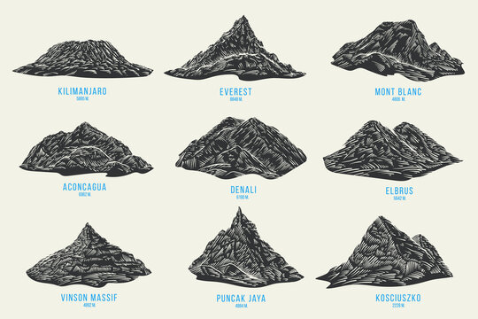 Set of mountain peaks in hand drawn monochrome style. Kilimanjaro, everest, mont blanc, aconcagua, denali, elbrus, vinson massif, puncak jaya, kosciuszko. Vector silhouettes terrain landscapes.