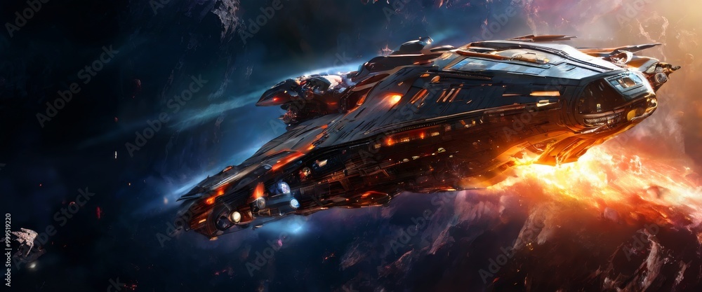 Poster a powerful futuristic battleship zooms through deep space, with intense flames trailing behind as it