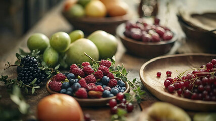 Freshly harvested fruits arranged on rustic wooden table in natural lighting during the day