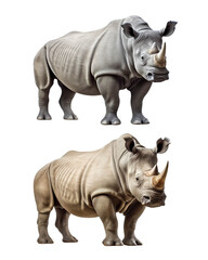 Fototapeta premium Two rhinoceroses depicted in a stylized, detailed manner, showcasing their unique features against a white isolated background.