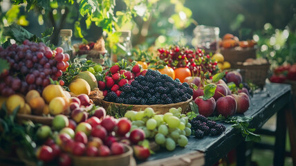Freshly harvested fruits displayed on tables at a vibrant outdoor market in summer