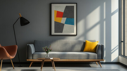 Modern Living Room Interior Design with Grey Sofa  Yellow Pillow  and Abstract Art