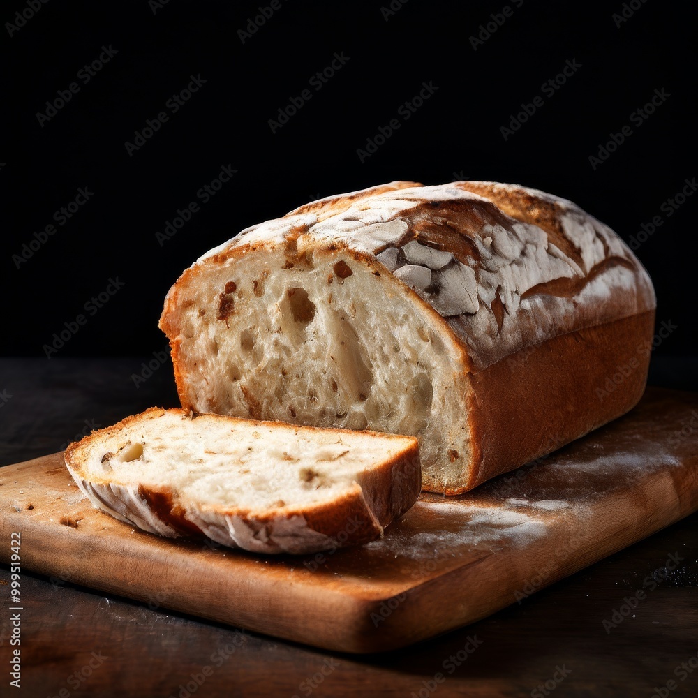 Poster a loaf of homemade bread with a crispy crust and soft interior, freshly sliced and resting on a wood