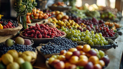 Abundant display of fresh fruits at a farmers market in the afternoon light