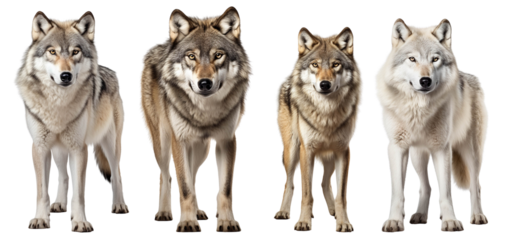 A group of four wolves standing side by side, showcasing their unique features and expressions against a white isolated background.