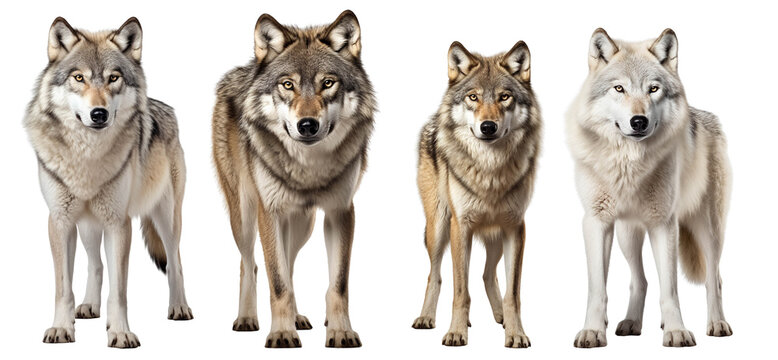 A group of four wolves standing side by side, showcasing their unique features and expressions against a white isolated background.